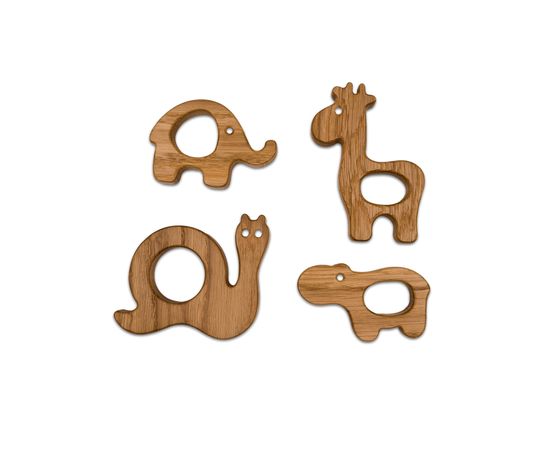 Набор игрушек-грызунков ЭКО из массива дуба (Жирафик, Улитка, Слоник, Бегемотик)